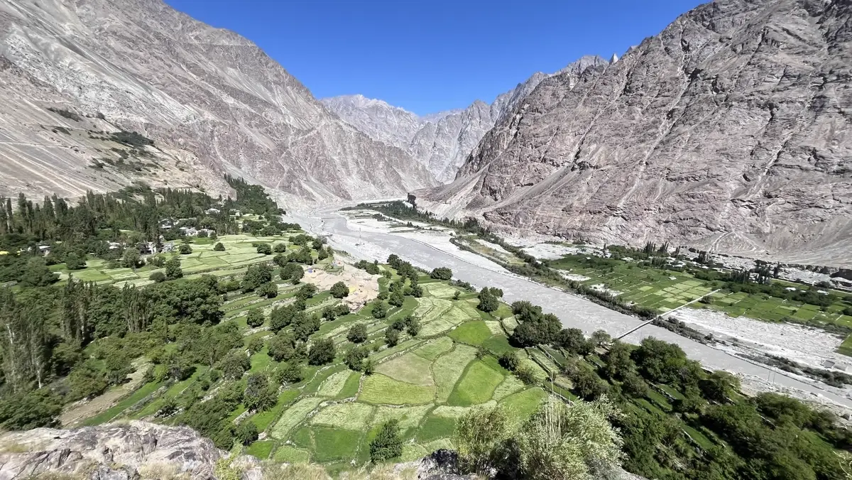 Motorcycle descending Tanglang La pass into Leh valley Ladakh