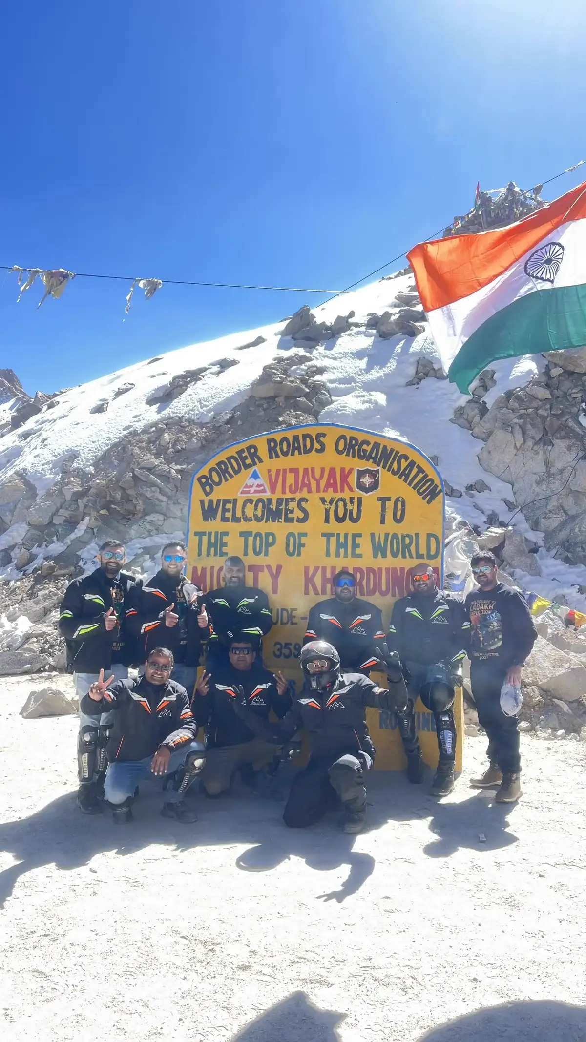 Group of motorcycle riders at Himalayan high altitude pass Ladakh