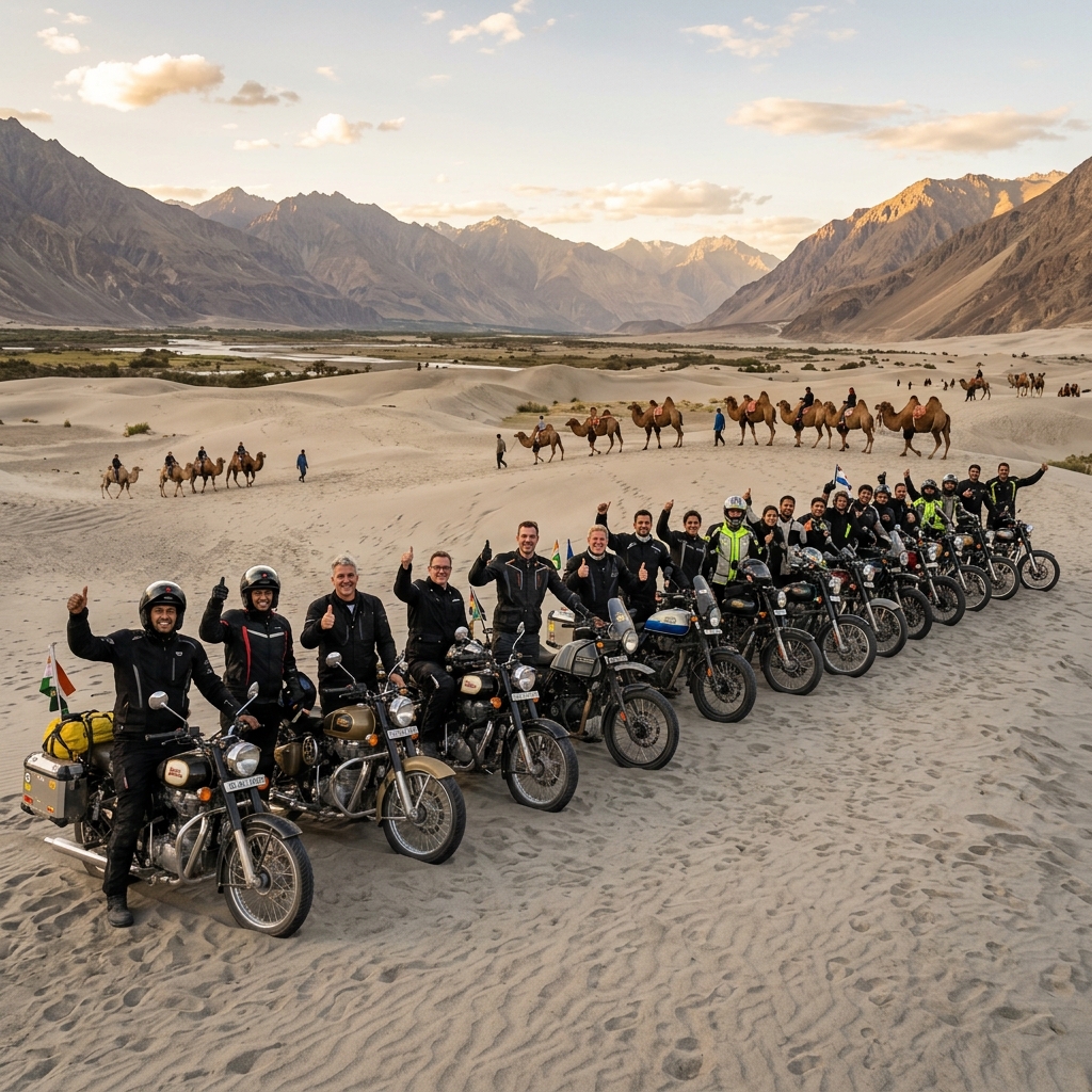 Group photo at Nubra Valley sand dunes