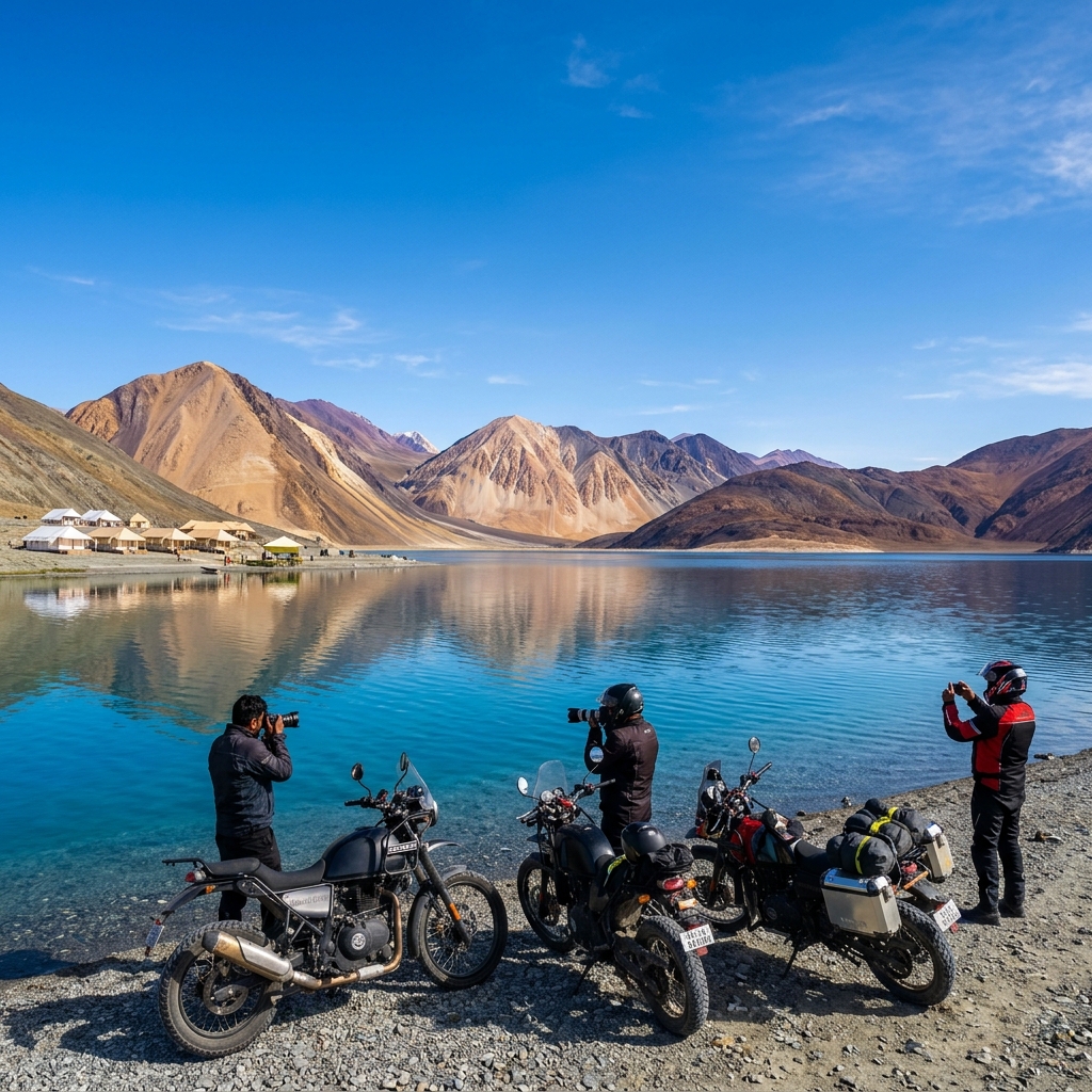 Riders at Pangong Lake shore